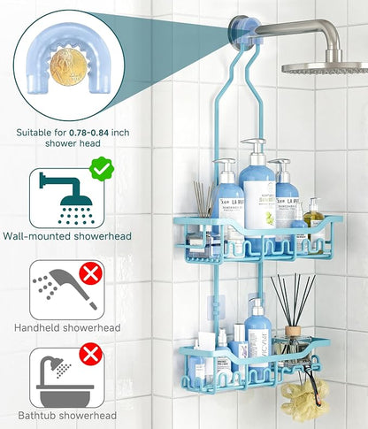 Upgraded Extended Length Shower Organizer with Hooks, Rustproof Shampoo Soap Holder, Large Hanging Bathroom Caddy, Blue