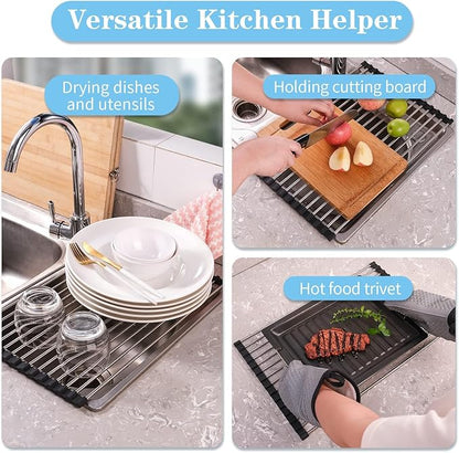 Seropy Roll Up Dish Drying Rack Over the Sink Drying Rack for Kitchen Counter, Rolling Dish Rack Over Sink Mat, Foldable Dish Drainer Stainless Steel Rack Kitchen Organization Gadgets 20.5"x11.8"