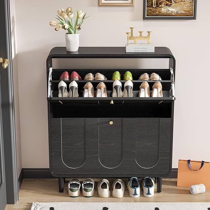 Narrow Shoe Storage Cabinet for Entryway with 2 Flip Drawers, Curved Shoe Cabinet with Arched Stripe Panel, Freestanding Hidden Shoe Organizer Closed for Foyer, Hallway (Black, 31.5 inches)