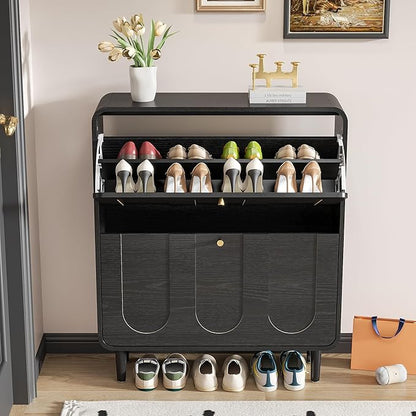 Narrow Shoe Storage Cabinet for Entryway with 2 Flip Drawers, Curved Shoe Cabinet with Arched Stripe Panel, Freestanding Hidden Shoe Organizer Closed for Foyer, Hallway (Black, 31.5 inches)