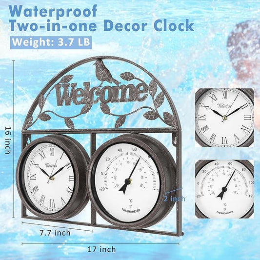 17Inch Large Outdoor Clock,Waterproof Wall Clock with Thermometer,Weatherproof Non-Ticking Quartz Battery Operated Decor Clock for Patio,Garden,Pool,Porch,House Warming Gifts