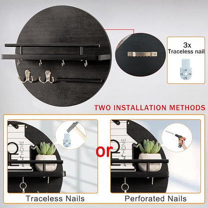 Key Holder for Wall Decorative with Shelf and Hooks, Mail Organizer Wall Mount, Circular Design Entryway Key Rack Hanger, Rustic Home Decor (Black)