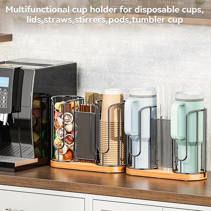 Coffee Cup and Lids Holder - Disposable Cups Straws Organizer with Wooden Base - Paper Plastic Cup Holder Dispenser Storage for Countertop Coffee Station Bar Restaurant Office Breakroom Shop Kitchen