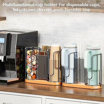 Coffee Cup and Lids Holder - Disposable Cups Straws Organizer with Wooden Base - Paper Plastic Cup Holder Dispenser Storage for Countertop Coffee Station Bar Restaurant Office Breakroom Shop Kitchen