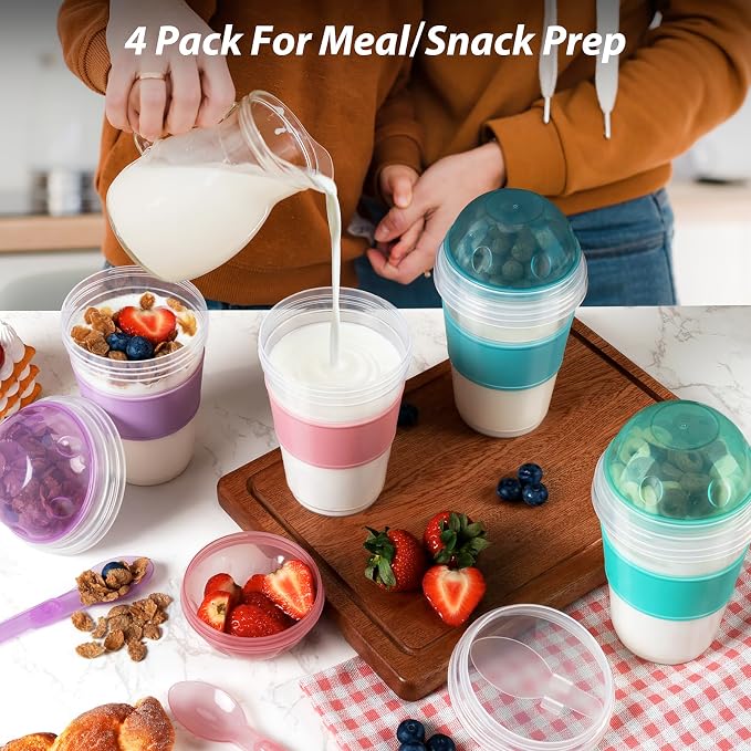 Freshmage 4 Pack 20 oz Yogurt Parfait Cups with Lids, Reusable Overnight Oats Containers with Lids, Folding Spoons and Topping Compartment for Breakfast to Go