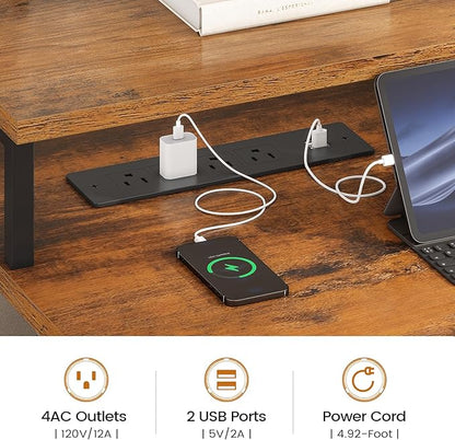 SEDETA Home Office Desk with File Drawer & Power Outlet, 75'' Large Computer Desk with 5 Drawer, Storage Shelves, Monitor Shelf and Led Lights, 23.6" W Desktop Gaming Desk, Rustic Brown