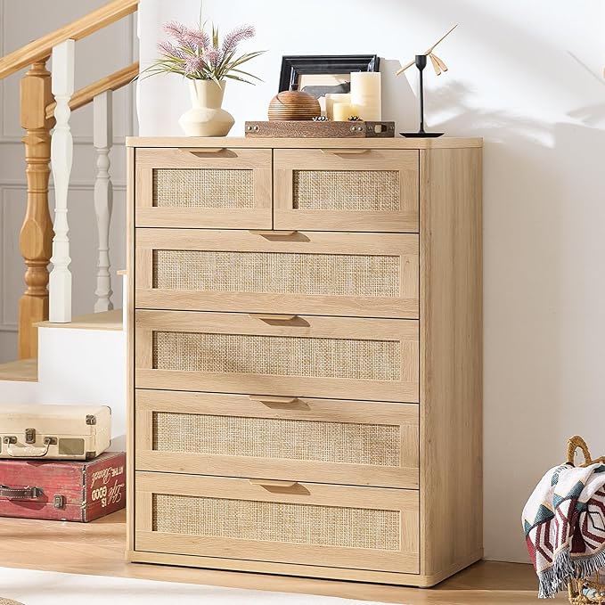 LEYAOYAO Rattan Dresser for Bedroom, 41" Tall Chest of Drawers, Modern 6 Drawers Boho Dressers with Storage, Light Oak Dresser Wooden Closet Organizer for Living Room, Hallway, Natural Wood