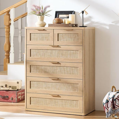 LEYAOYAO Rattan Dresser for Bedroom, 41" Tall Chest of Drawers, Modern 6 Drawers Boho Dressers with Storage, Light Oak Dresser Wooden Closet Organizer for Living Room, Hallway, Natural Wood