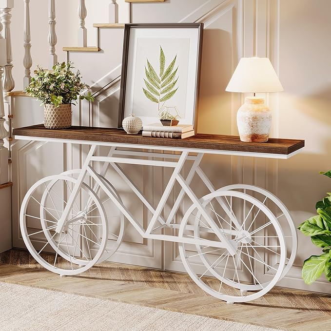 Tribesigns 70.9-Inch Extra Long Console Table, Narrow Sofa Table with Bicycle Metal Base, Modern Industrial Entryway Table for Living Room, Hallway, Entrance, Foyer, Rustic Brown & White