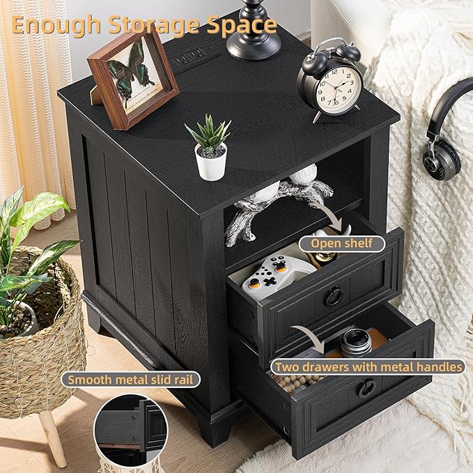 Farmhouse Coffee Table Set of 3, Furniture Set with Charging Station, Coffee Table with Hidden Storage Organizer and Nightsand 3-piece set, Country Center Table Set for Living Room,Office, Home