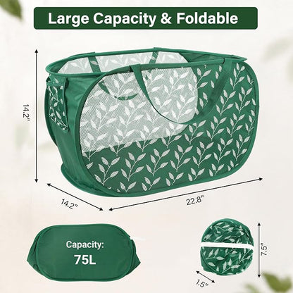 Durable Collapsible Laundry Baskets, Foldable Laundry Basket with Handy Pocket, Mesh Pop Up Clothes Hamper with Reinforced Carry Handles for Laundry, Bathroom, Kids Room, Travel -Leaf Print, Green