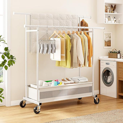 Clothes Rack, Clothing Racks for hanging clothes, Rolling clothes rack with Storage Basket & Heavy Duty Wheels, Double rods clothing rack for Bedroom, Laundry Room, White