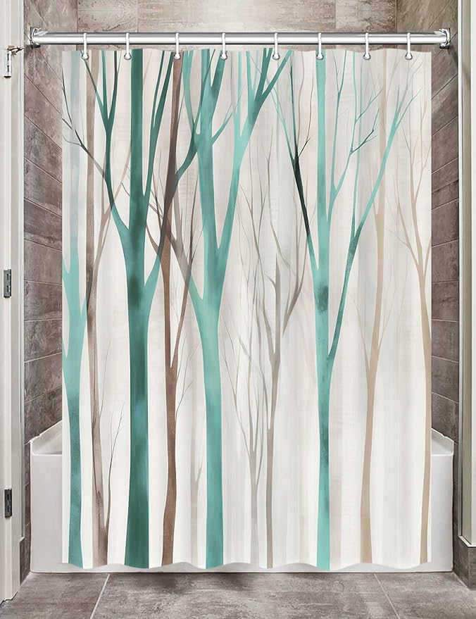 MERCHR Brown Teal Tree Fabric Shower Curtain, Art Style Abstract Birch Forest Rustic Wood Polyester Fabric Waterproof Bath Curtain, Farmhouse Bathroom Shower Curtains with Hooks 47X64 Inch