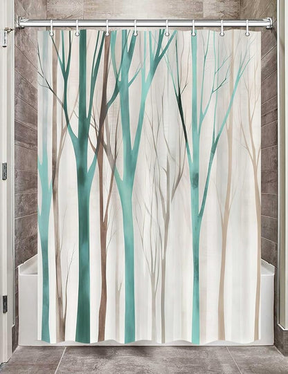 MERCHR Brown Teal Tree Fabric Shower Curtain, Art Style Abstract Birch Forest Rustic Wood Polyester Fabric Waterproof Bath Curtain, Farmhouse Bathroom Shower Curtains with Hooks 47X64 Inch