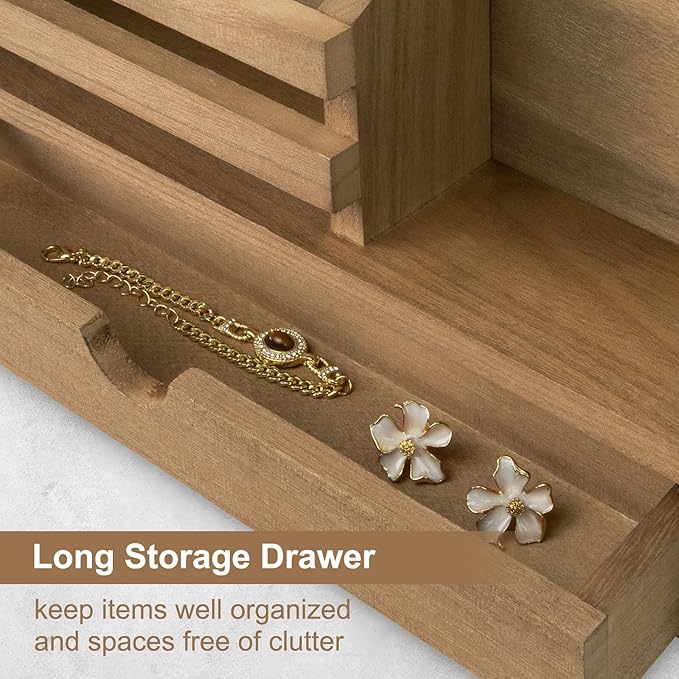 Key Holder Wall Mount, Mail Holder with Storage Drawer and 5 Key Hooks for Coat, Dog Leash, Home Decor Rack, House Accessories, Entry Way Organizer (Light Brown)