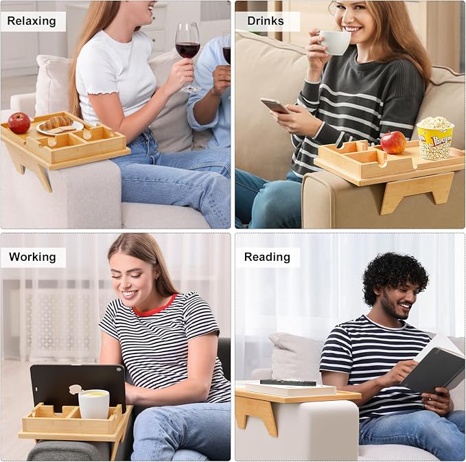 Bestjing Bamboo Couch Cup Holder Tray - 2 in 1 Couch Armrest Table with Be Slide-Away Detachable Double Holder - Sofa Armchair Caddy for Drinking Snacks iPad TV Remote