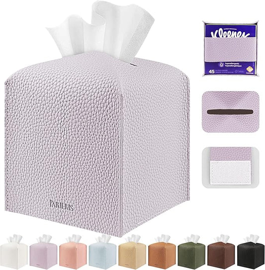 Tissue Box Cover Holder Square Tissue Cube Cover PU Leather Tissue Organizer with Bottom Belt for Bathroom, Tabletop, Car, Night Stands, Office, Home, Kitchen (1, Violet)