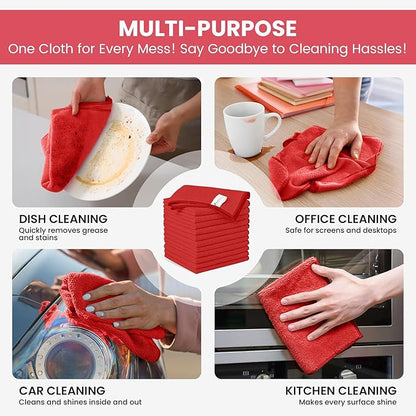 SIFANGKE Microfiber Cleaning Cloth, 12 Pack Red Cleaning Rags for Housekeeping, Reusable Microfiber Towels for Car, Kitchen, Bathroom and Household Cleaning Supplies, 11.8"X11.8"