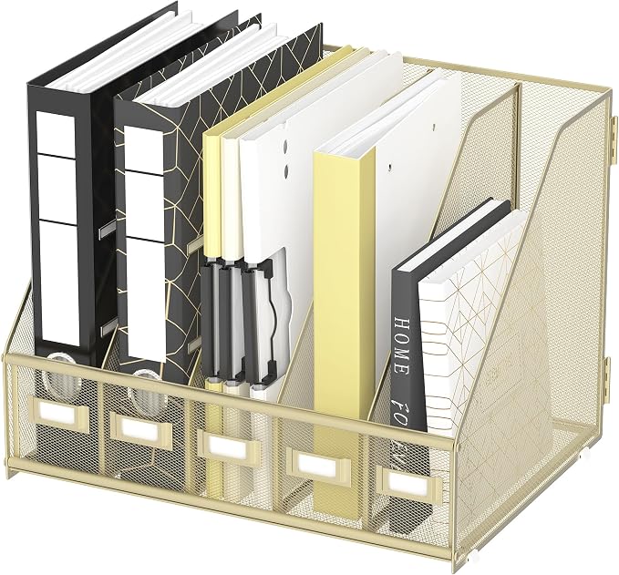 DALTACK Desk Organizers Metal Magazine File Holder with 5 Vertical Compartments Folder Storage Binder Organizer for Office Home School Organization, Golden Yellow, Plus