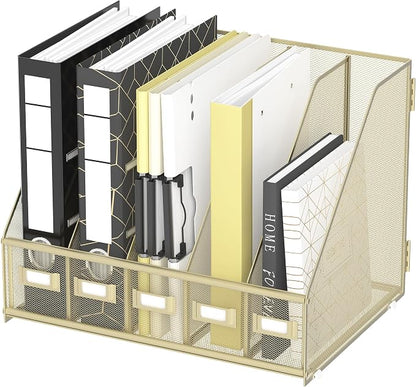 DALTACK Desk Organizers Metal Magazine File Holder with 5 Vertical Compartments Folder Storage Binder Organizer for Office Home School Organization, Golden Yellow, Plus