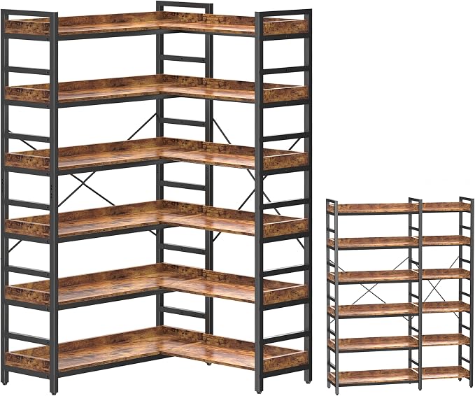HCHQHS Adjustable Book Shelf with 8 Hooks, Reversible Corner Bookshelf, Industrial Wooden and Metal Bookcase for Living Room, Bedroom, Home Office (Rustic Brown, 6 Tier)