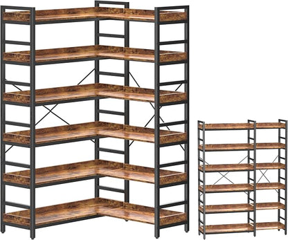 HCHQHS Adjustable Book Shelf with 8 Hooks, Reversible Corner Bookshelf, Industrial Wooden and Metal Bookcase for Living Room, Bedroom, Home Office (Rustic Brown, 6 Tier)
