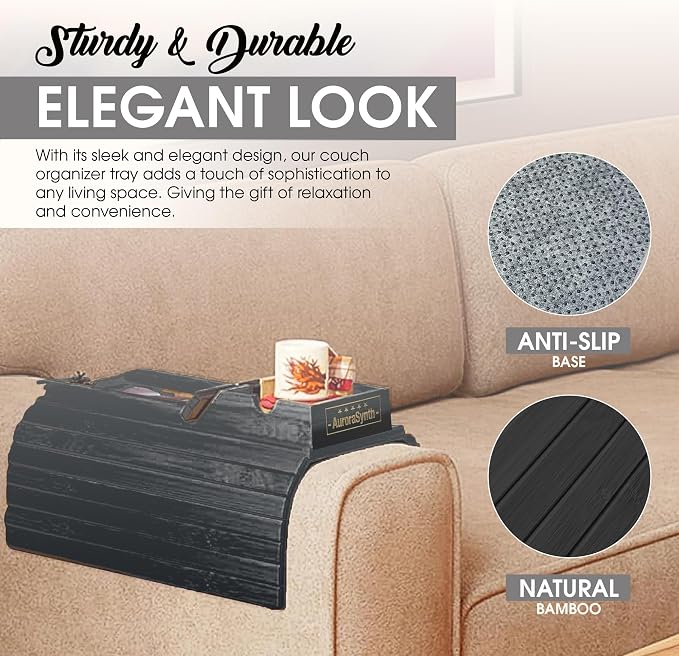 Couch Cup Holder Tray with 2 Cork Coasters, Couch Arm Tray, 2 in 1 Anti-Slip Foldable Sofa Arm Tray, Couch Armrest Table, Anti-Spill Couch Arm Table for Drinks TV Remote Cellphone Snacks (Black)