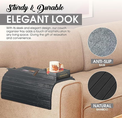Couch Cup Holder Tray with 2 Cork Coasters, Couch Arm Tray, 2 in 1 Anti-Slip Foldable Sofa Arm Tray, Couch Armrest Table, Anti-Spill Couch Arm Table for Drinks TV Remote Cellphone Snacks (Black)