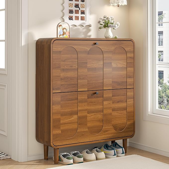 Narrow Shoe Storage Cabinet for Entryway with 2 Flip Drawers, Curved Shoe Cabinet with Arched Stripe Panel, Freestanding Hidden Shoe Organizer Closed for Foyer, Hallway (Walnut, 31.5 inches)
