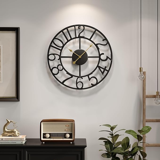 Black 16 Inch Wall Clock Decorative, Modern Metal Clock for Lving Room, Battery-Operated Silent Non Ticking Arabic Numerals Wall Clocks for Bedroom, Kitchen, Dining Room, Office