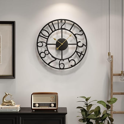 Black 16 Inch Wall Clock Decorative, Modern Metal Clock for Lving Room, Battery-Operated Silent Non Ticking Arabic Numerals Wall Clocks for Bedroom, Kitchen, Dining Room, Office
