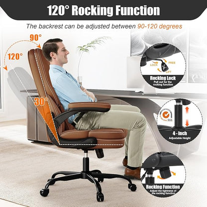 Ergonomic Office Chair with Flip-up Armrests 300lbs,Middle- Tall Computer Office Desk Chair with Lumbar Support,Executive PU Leather Chair with Rocking Function Adjustable Height for Home Office