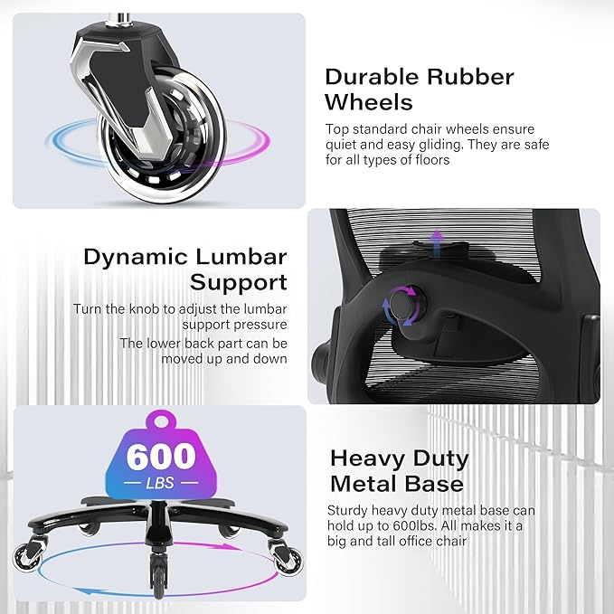 600lbs Big and Tall Office Chair- Heavy Duty Executive Computer Chair with 3D Flip Arms Large Wheels, Ergonomic Mesh High Back Desk Chair, Extra Wide Seat Adjustable Lumbar Support&Headrest