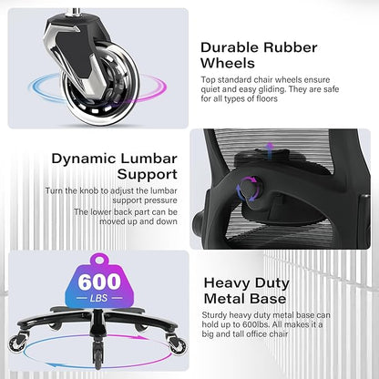 600lbs Big and Tall Office Chair- Heavy Duty Executive Computer Chair with 3D Flip Arms Large Wheels, Ergonomic Mesh High Back Desk Chair, Extra Wide Seat Adjustable Lumbar Support&Headrest