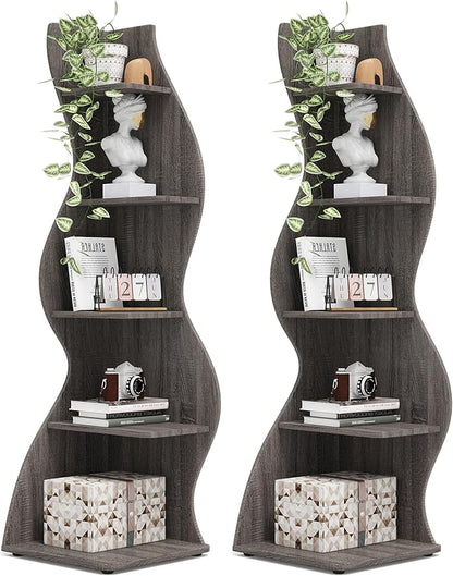 Tribesigns Corner Shelf, Modern 5-Tier Wall Corner Bookshelf, Stylish Corner Small Bookcase Storage Rack Plant Stand with Unique Shape for Living Room, Home Office(Gray, 2PCS)