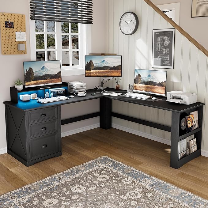 FREDEES L Shaped Desk with Movable Stand and Led Lights, 59 inch Farmhouse Home Office Desk with File Drawer, Corner Computer Desk with Power Outlets, Executive Desk for Working,Gaming, Black