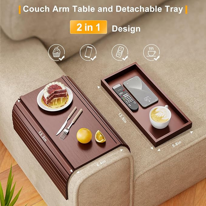 Bestjing Bamboo Sofa Armrest Tray Table for Couch - 2-in-1 Foldable Couch Arm Table with Be Slide Detachable Tray- Anti-Slip Sofa Armchair Caddy for Drinks Cellphone TV Remote Snacks(Walnut)