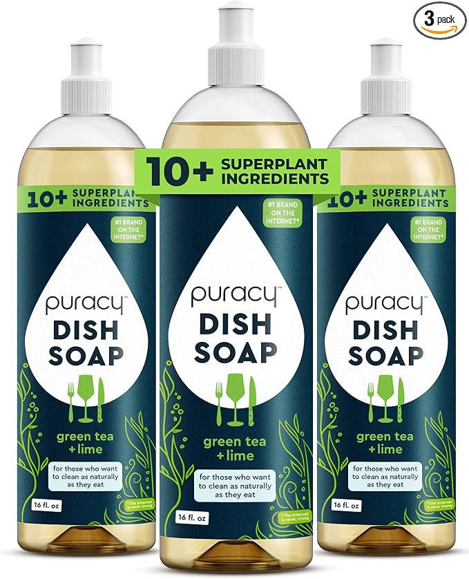 Puracy Dish Soap, Green Tea & Lime, Care for Your Dishes and Your Hands, 99.96% Plant-Based, Natural Liquid Dishwashing Detergent, Skin Friendly Sulfate-Free Kitchen Soap, 16 Ounce (3-Pack)