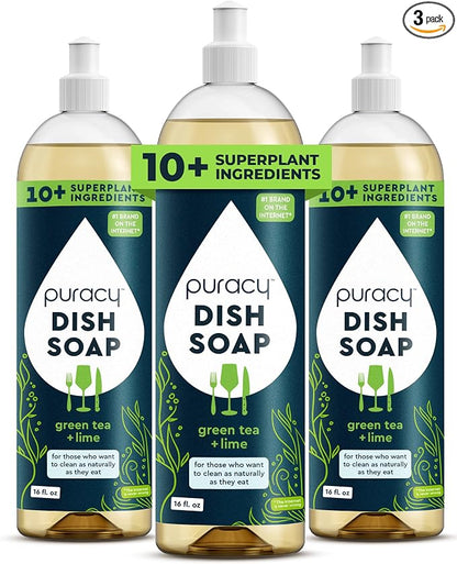 Puracy Dish Soap, Green Tea & Lime, Care for Your Dishes and Your Hands, 99.96% Plant-Based, Natural Liquid Dishwashing Detergent, Skin Friendly Sulfate-Free Kitchen Soap, 16 Ounce (3-Pack)