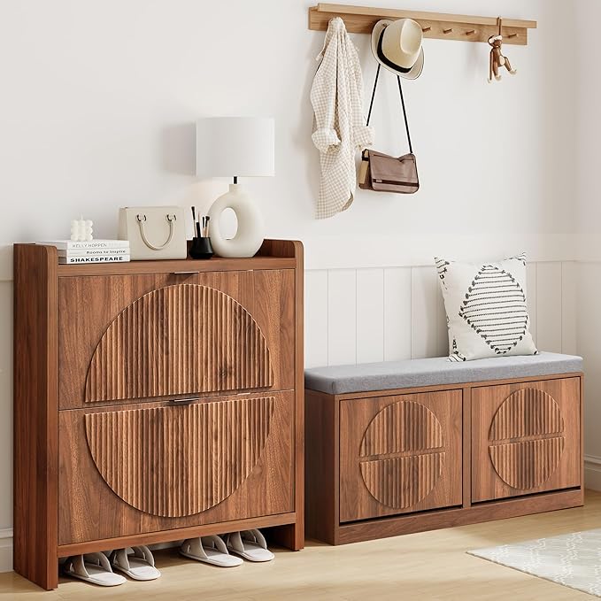 Narrow Shoe Storage Bench for Entryway, Wooden Shoe Cabinet with Flip Drawers& Adjustable Shelves, Shoe Rack Bench with Cushion, Shoe Organizer with Fluted Pattern for Hallway, Living Room (Walnut)