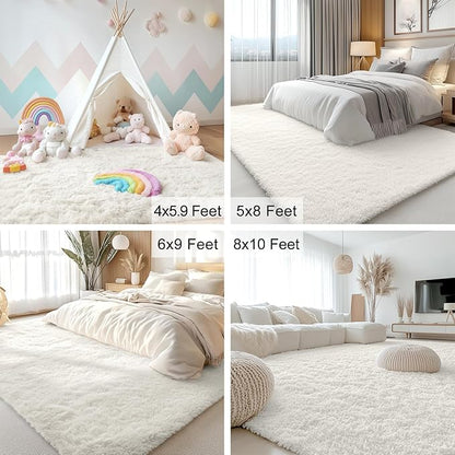 OLANLY 4x11 Area Rugs for Living Room Bedroom, Machine Washable Soft Fluffy Shaggy Bedside Rug, Indoor Floor Carpet for Kids Girls and Boys, Dorms, Nursery Rooms, Home Decor Aesthetic, Ivory