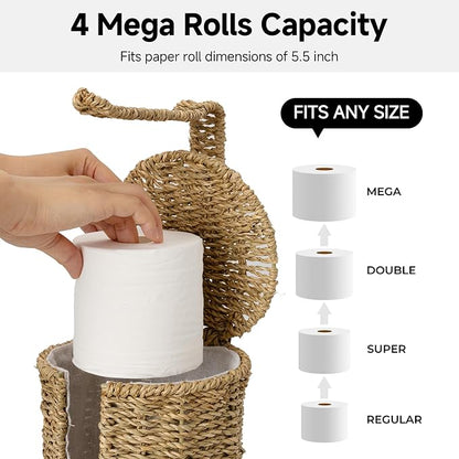 StorageWorks Wicker Seagrass Freestanding Toilet Paper Holder Stand with Storage, Farmhouse Covered Toilet Paper Stand for 4 Rolls with Cloth Lining, Tissue Holder for Bathroom Decor with Shelf