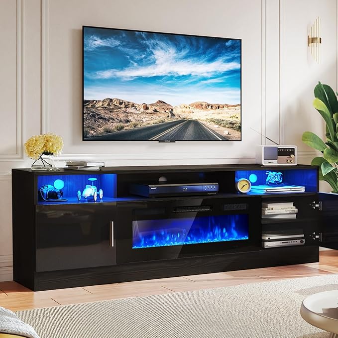 MXV 78" Fireplace TV Stand with Power Outlet for TVs UP to 90", Electric Fireplace Entertainment Center with LED Lights & Storage Cabinets, TV Console for Living Room, Office, Black-Black