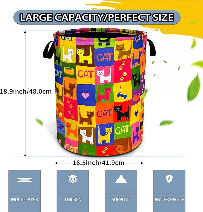 Cute Cat Laundry Basket Funny Pet Foldable Oxford Cloth Funny Tote Bag Laundry Hamper Clothes Storage Bucket Toy Organizer For Bathroom/Laundry Storage/Bedroom 18.9x16.5 Inch
