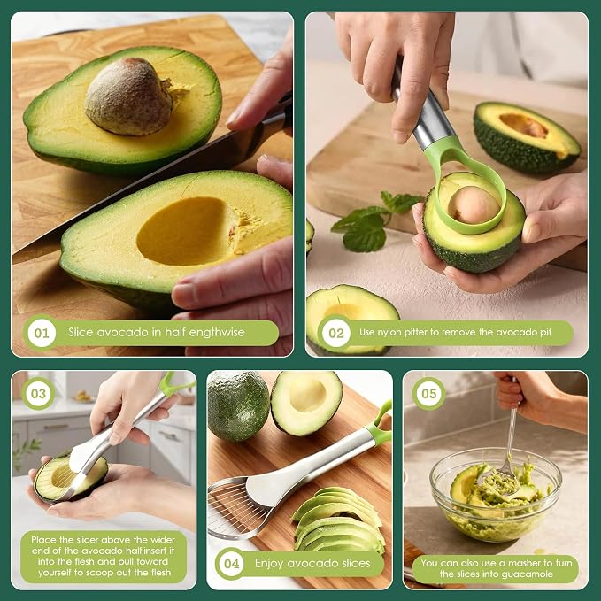 Avocado Slicer,Stainless Steel Avocado Slicer Tool and Avocado Smasher Tool,Quickly Slices Thinly and Masher,Suitable for Avocados,Potatoes,Dragon Fruit and Other Fruits Vegetables