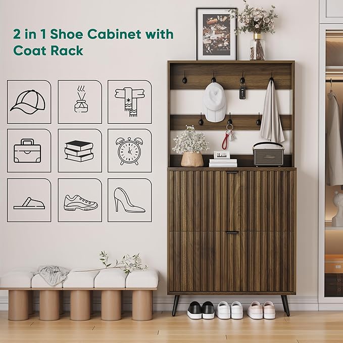 Smuxee Shoe Cabinet with 2 Flip Drawers & Coat Rack Hooks, 31.5" Walnut Hidden Shoe Storage Cabinet, 2-in-1 Hall Tree Slim Freestanding Shoe Rack Organizer for Entryway, Hallway, Living Room