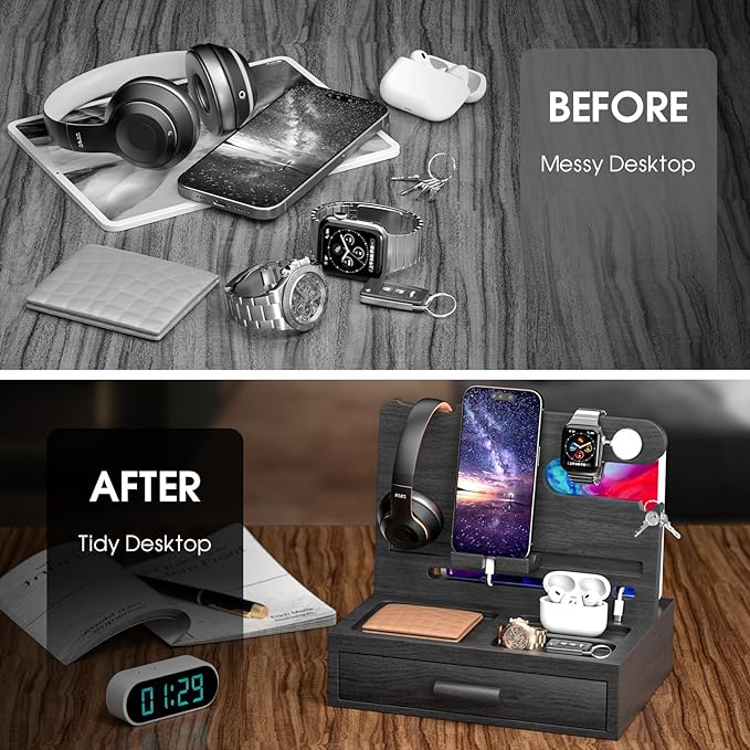 melafa365 Nightstand Organizer for Men,Phone Docking Station with Cable Management,Night Stand with Drawer,Bedside Organizer for Watches,Keys,Wallets,Gifts for Men（Black）