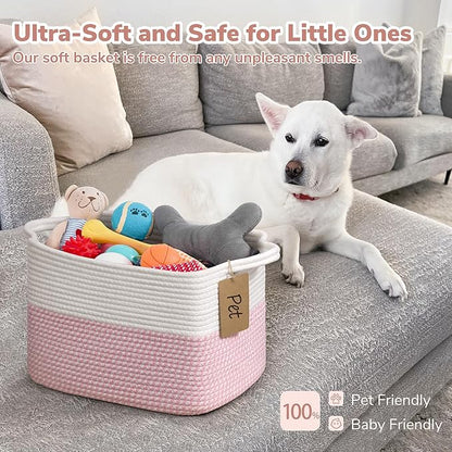 Goodpick Woven Storage Basket, 13" x 10" x 9" Storage Baskets for Organizing, Rope Gift Basket with Handles, Baby Baskets Kids Toy Organizer for Living Room, Pink