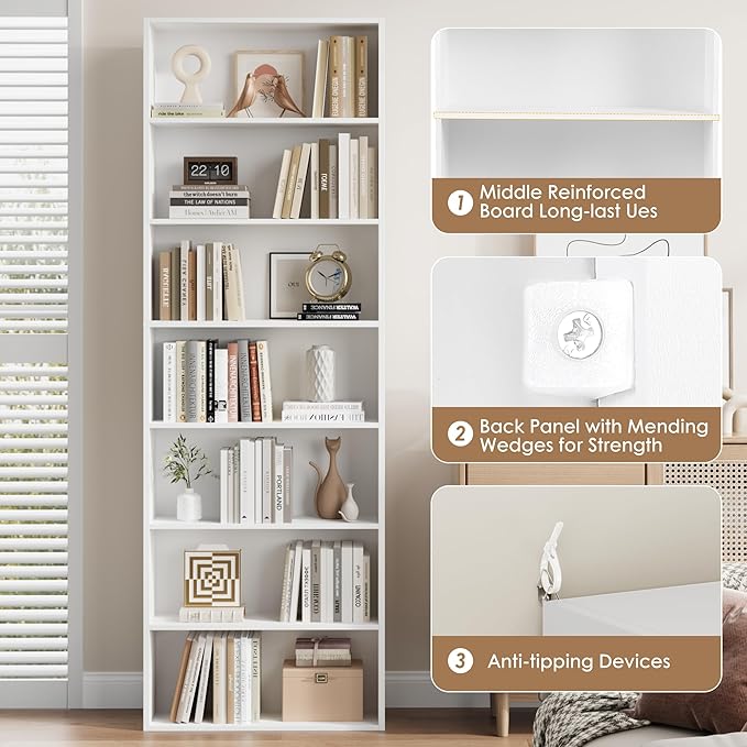 FACBOTALL 82" Tall Bookshelf, 7-Tier Open Shelves Bookcase, Freestanding Display Storage Shelves, Tall Bookcase Home Decor Furniture for Home Office, Living Room, Bedroom, White | Bookcase, Tall Bookcase, Home Decor Furniture, Home Office, Living Room