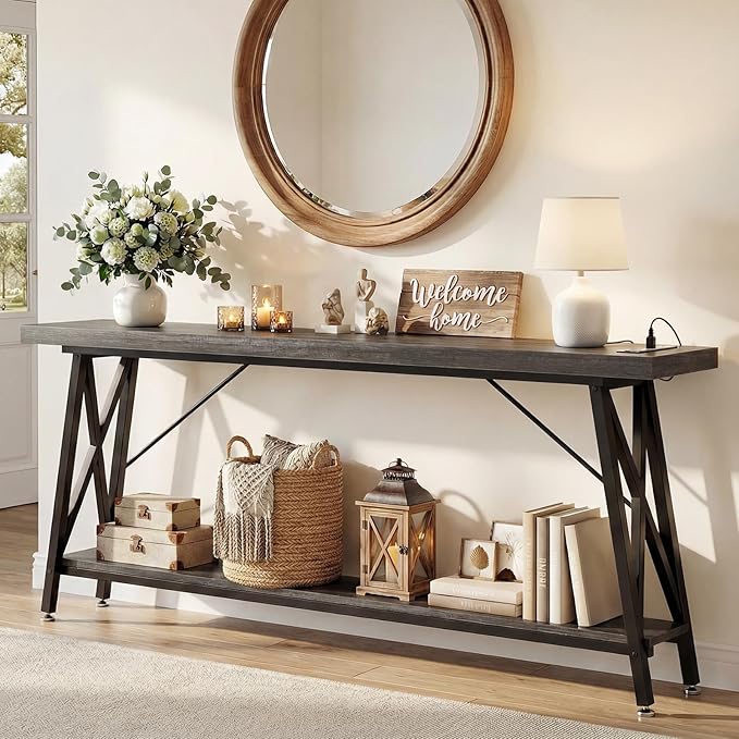 Homieasy 70.9 Inch Extra Long Console Table, Industrial Sofa Table Behind Couch with Charging Station & Storage Shelf, Entryway Table for Living Room & Entryway, Grey Oak